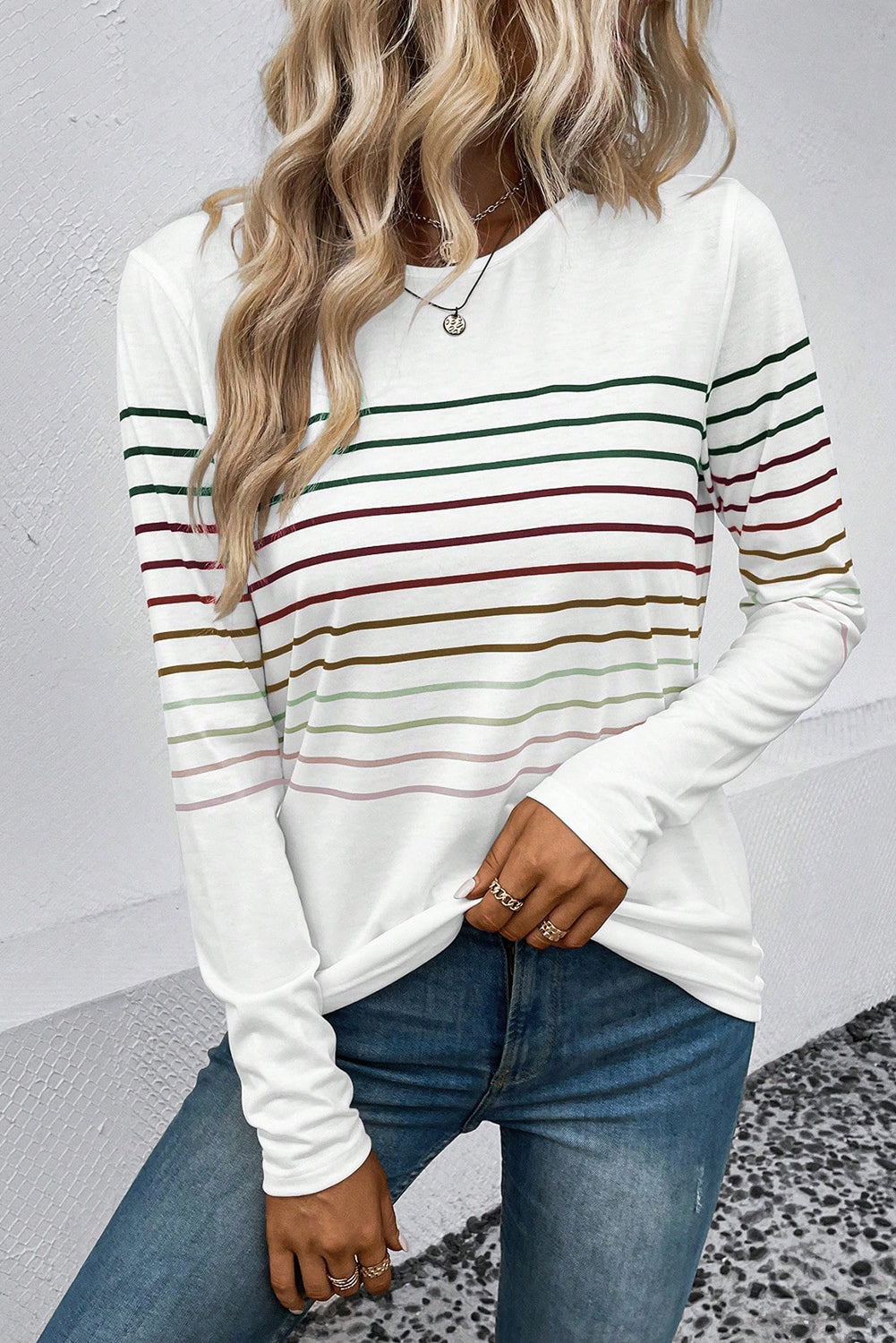 Multicolour Striped Crew Neck Long Sleeve Top | White