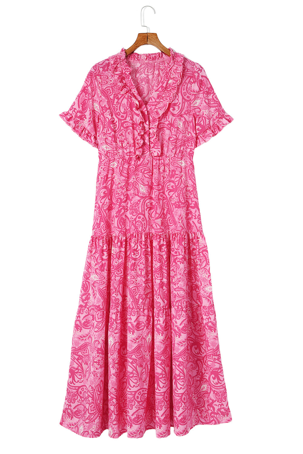 Paisley Print Boho Holiday Ruffle Tiered Maxi Dress | Pink