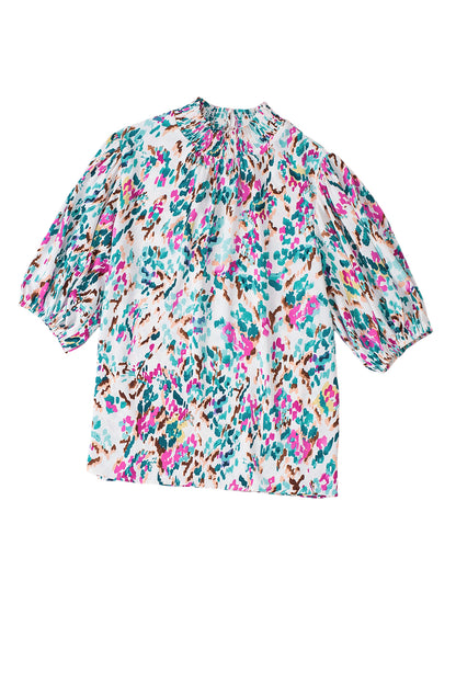 Abstract Print Puff Sleeve Mock Neck Blouse | Light Blue