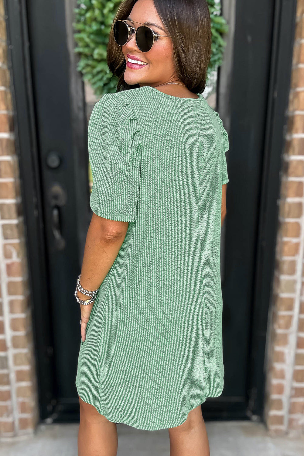 Corded Knit Crew Neck Puff Sleeve Shift Mini Dress | Mint Green