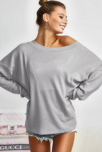 V Cut Drawstring Back Waffle Knit Long Sleeve Top | Gray