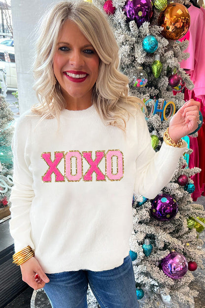 Xoxo Glitter Print Round Neck Casual Sweater | White