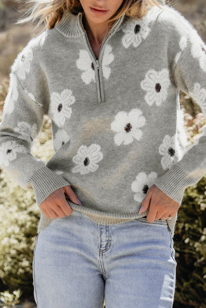 Floral Pattern Half Zip Drop Shoulder Sweater | Gray