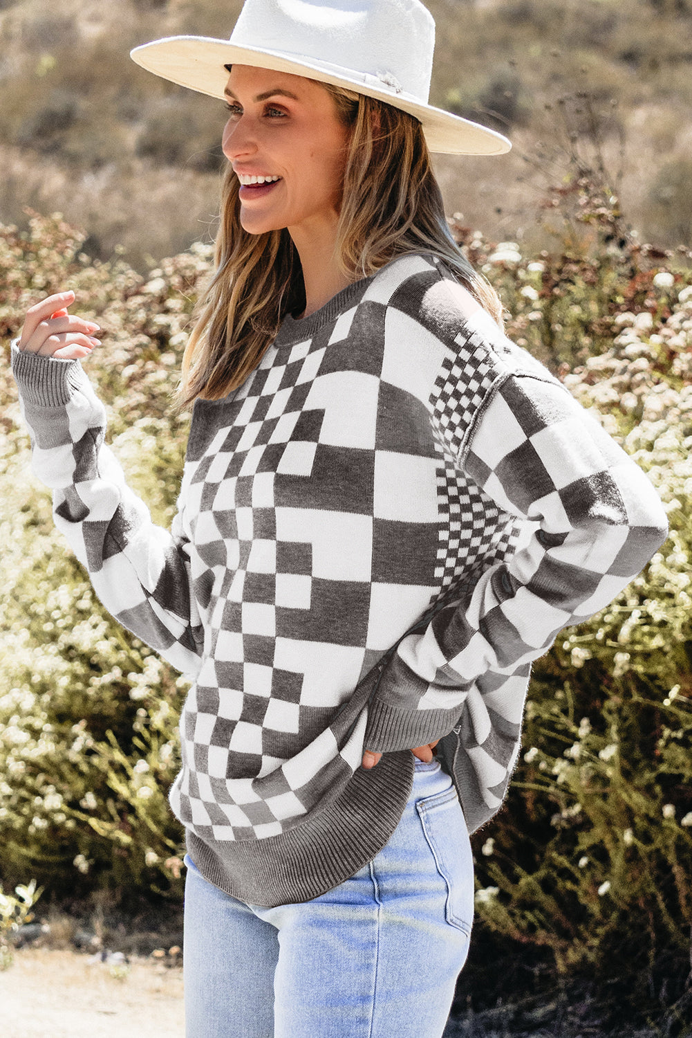 Checkered Print Drop Shoulder Round Neck Sweater | Gray