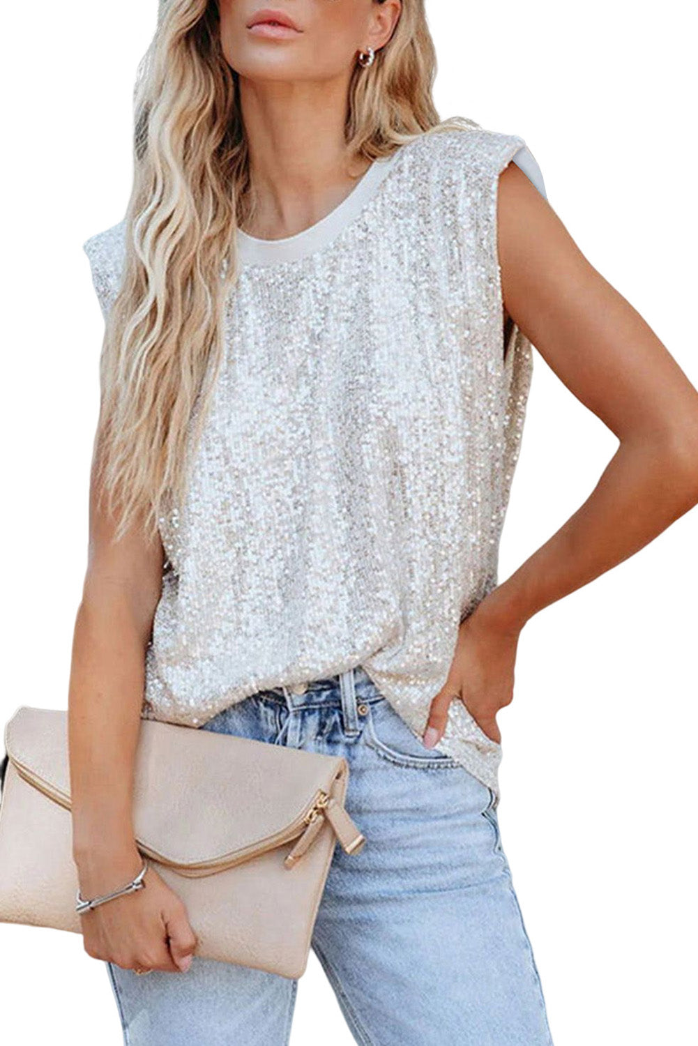 Sequin Round Neck Tank Top | Apricot