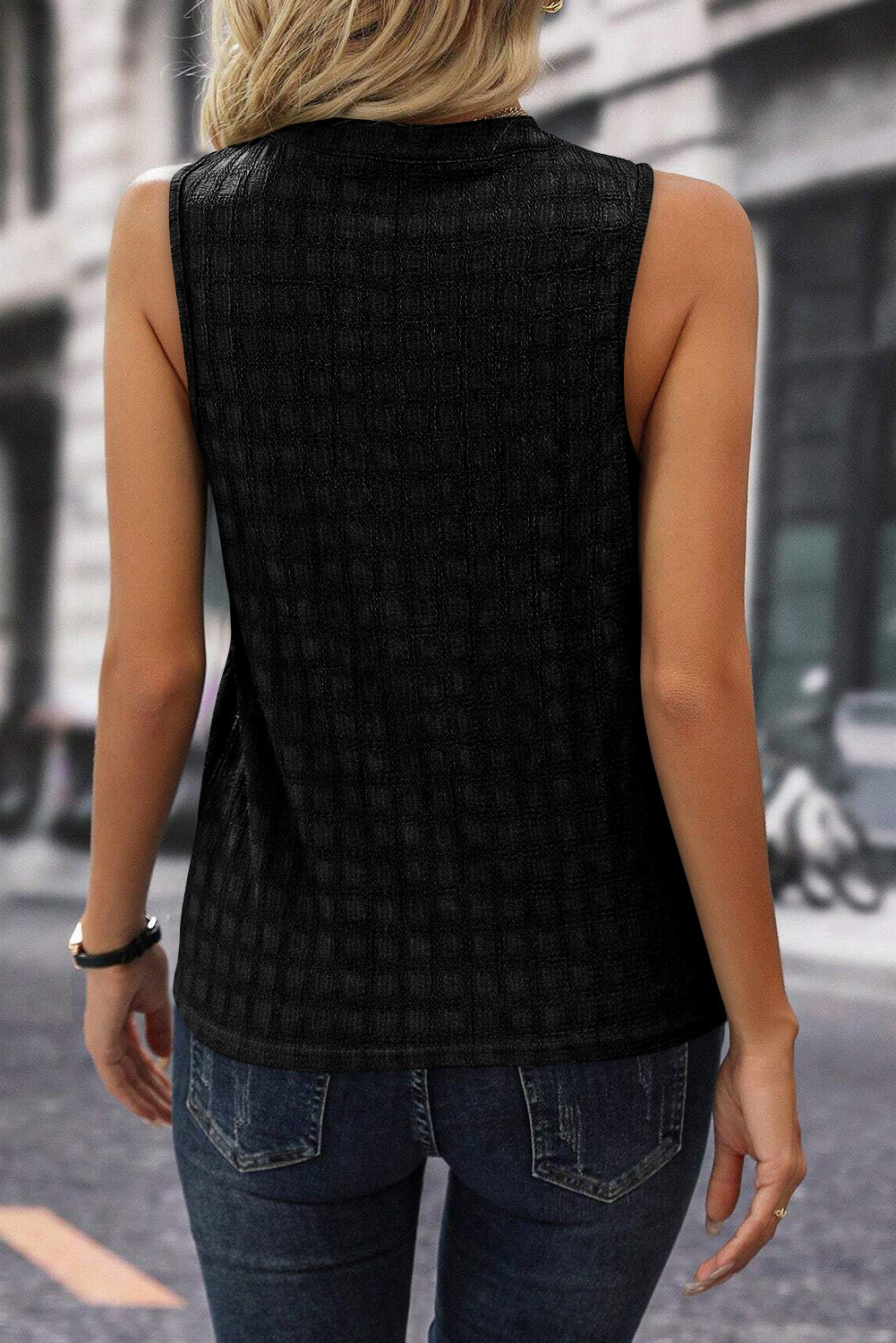 Lattice Textured Split Neck Tank Top | Black