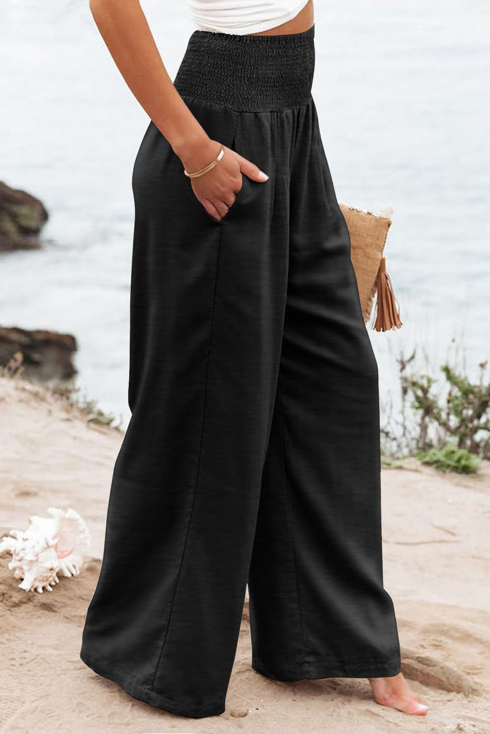 Shirred High Waist Plus Size Wide Leg Pants | Black