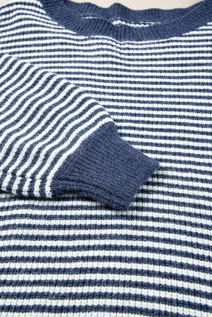 Striped Lantern Sleeve Drop Shoulder Cozy Sweater | Sail Blue