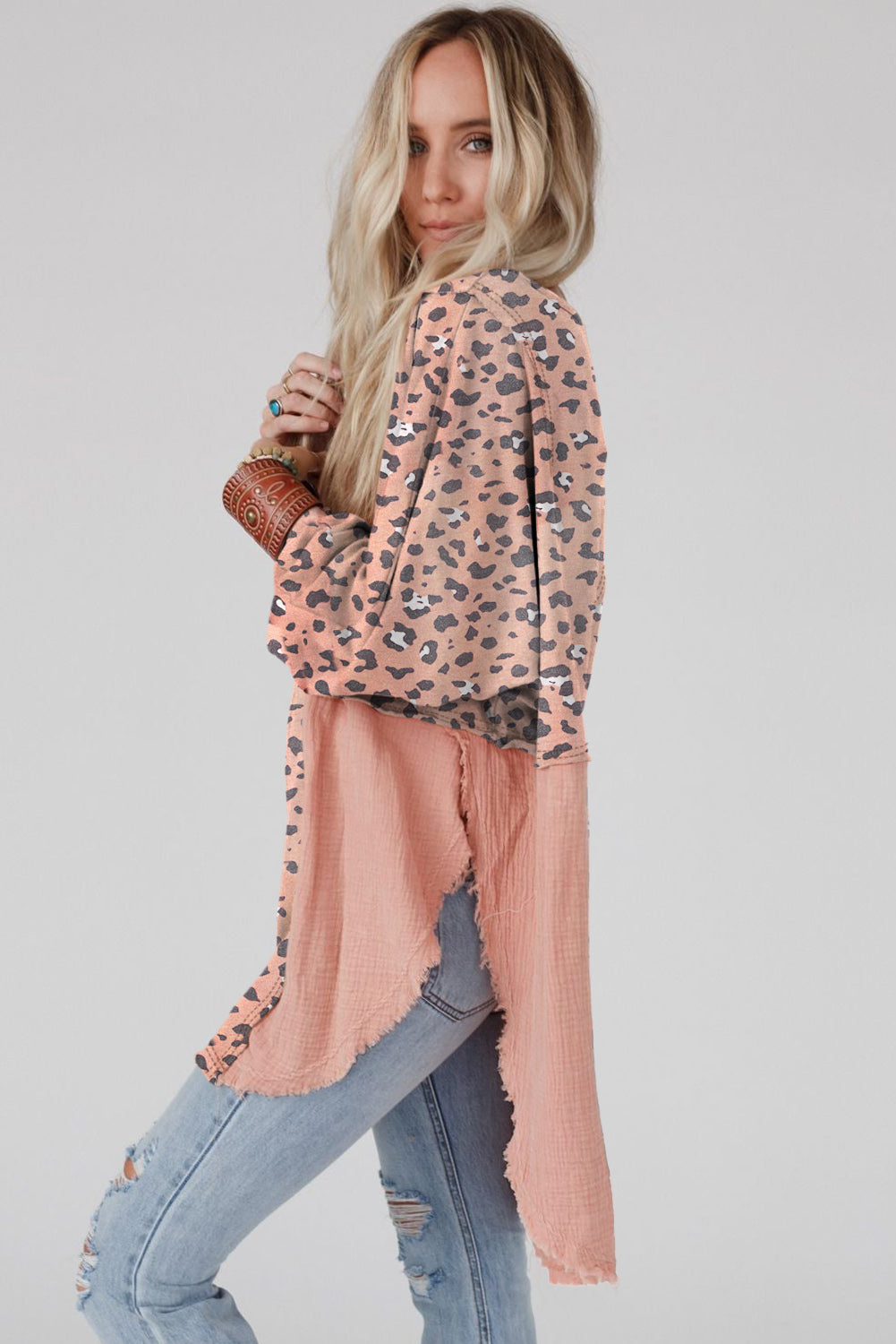 Raw Edge Leopard Patchwork Oversized Blouse | Pink