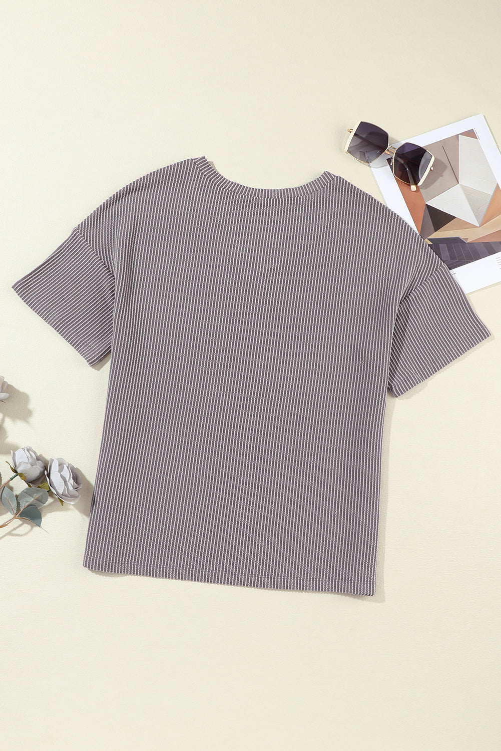 Corded V Neck Chest Pocket Loose T-Shirt | Light Grey