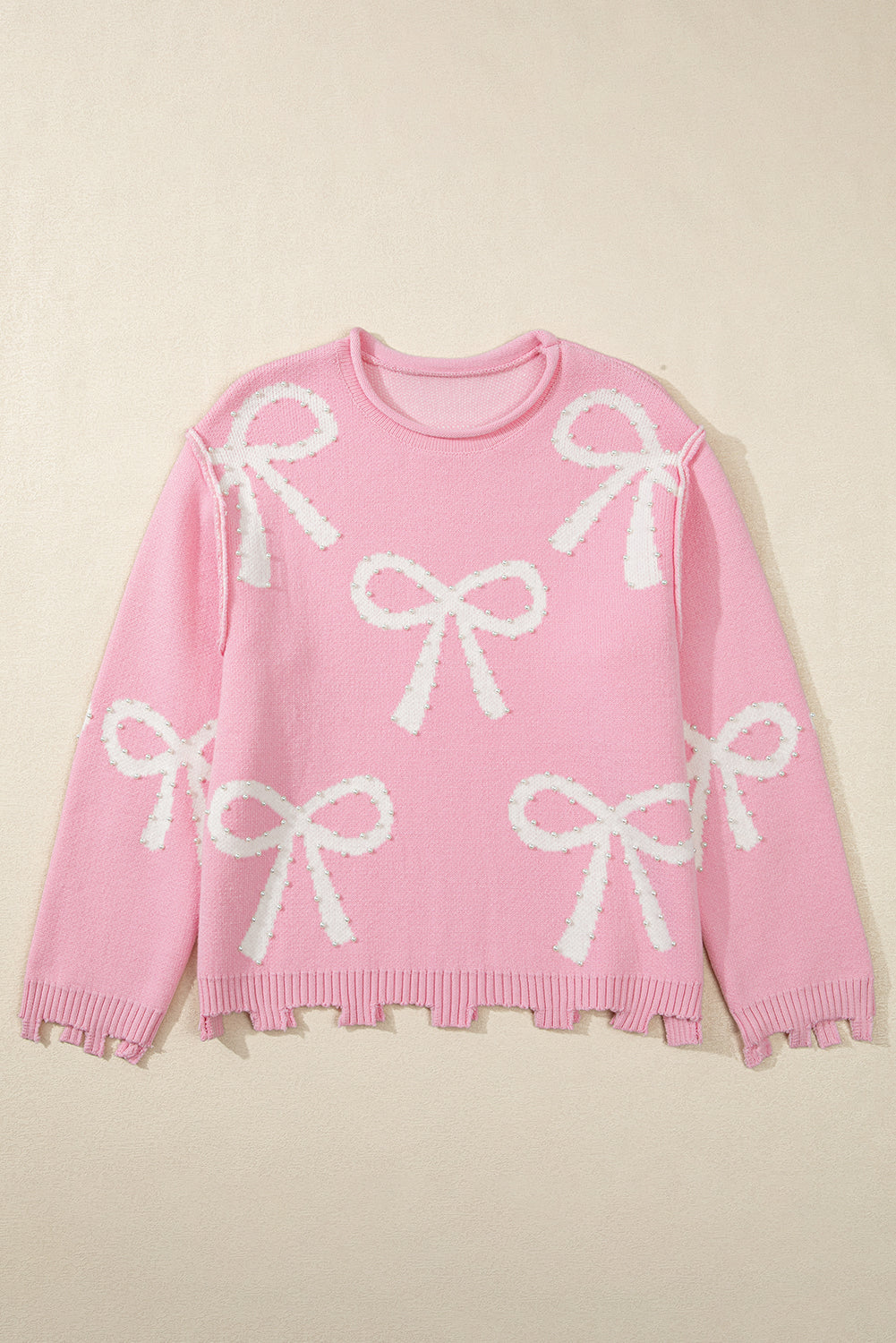 Pearl Beaded Bowknot Pattern Distressed Split Hem Sweater | Pink