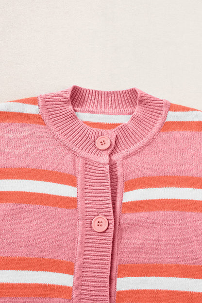 Drop Shoulder Buttons Cardigan Sweater | Pink Stripe