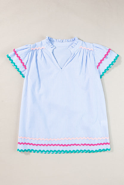 Ricrac Trim Split Neck Striped Ruffled Sleeve Blouse | Sky Blue Stripe