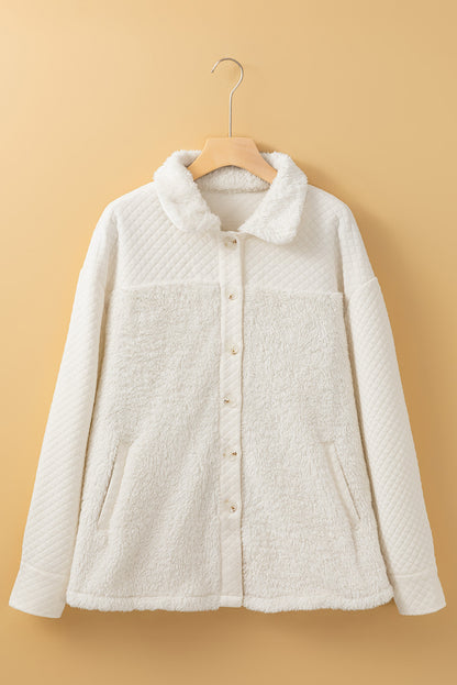 Solid Colour Quilted Sherpa Patchwork Button Up Shacket | White