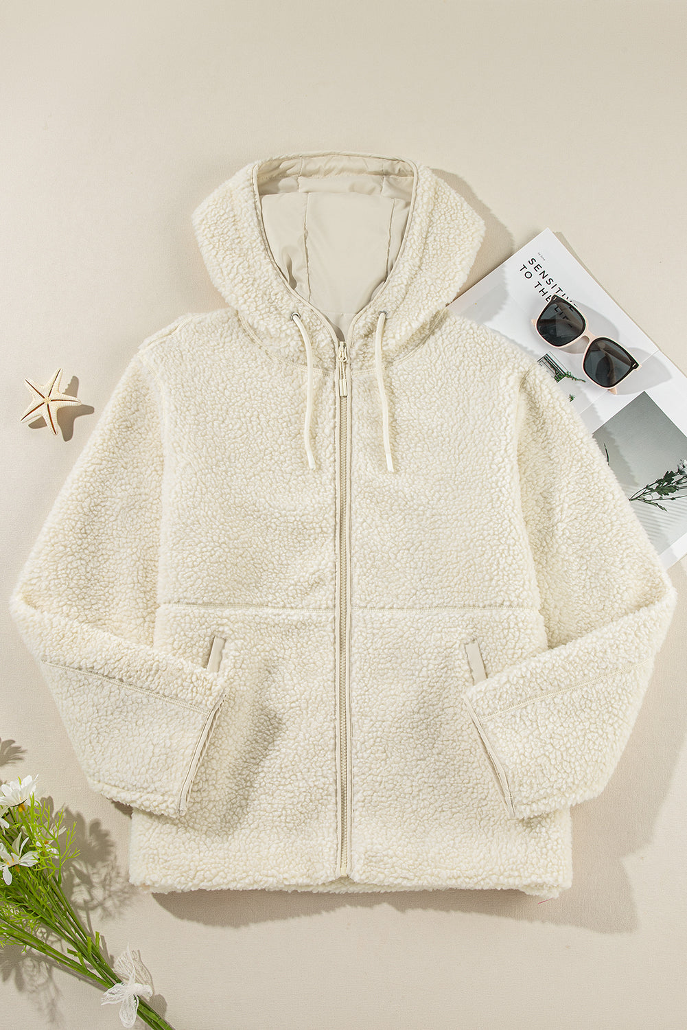 Fleece Zip Up Drawstring Hooded Pocketed Jacket | Beige