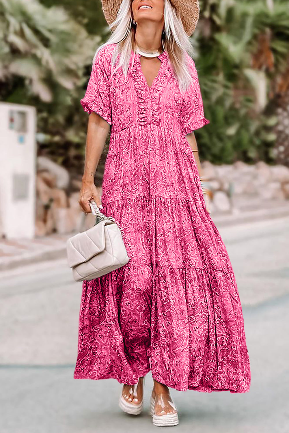 Paisley Print Boho Holiday Ruffle Tiered Maxi Dress | Pink