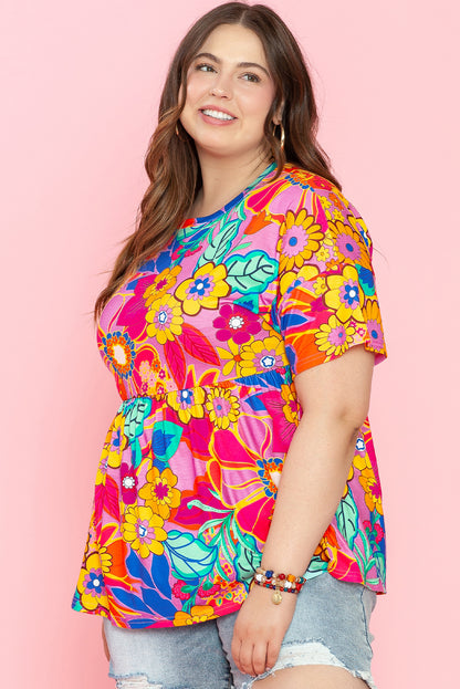 Floral Print Short Sleeve Plus Size Babydoll Blouse | Pink