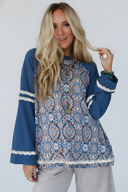 Geometric Printed Lace Patchwork Ric Rac Raglan Long Sleeve Top | Blue