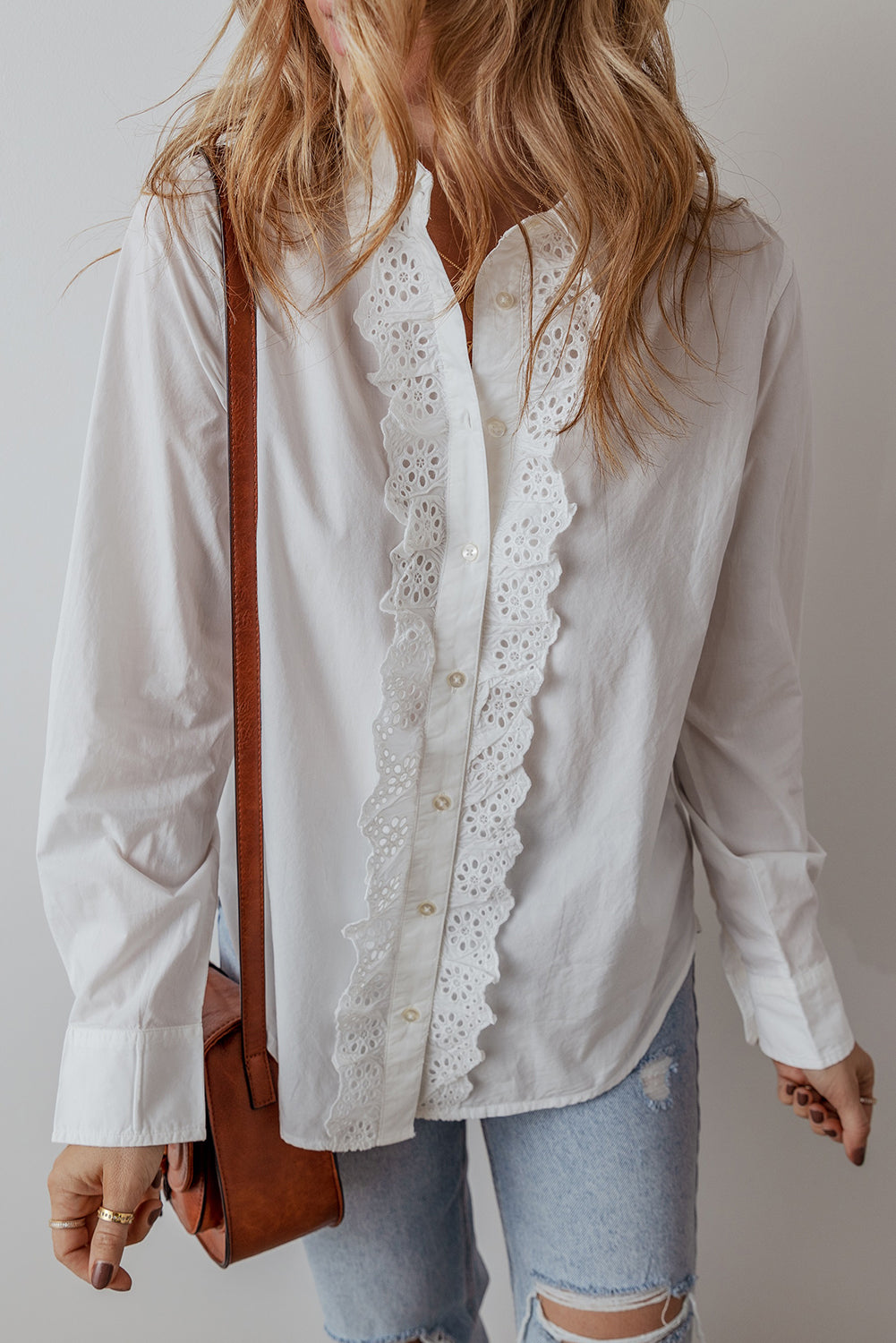 Lace Crochet Trim Turn Down Collar Buttoned Shirt | White