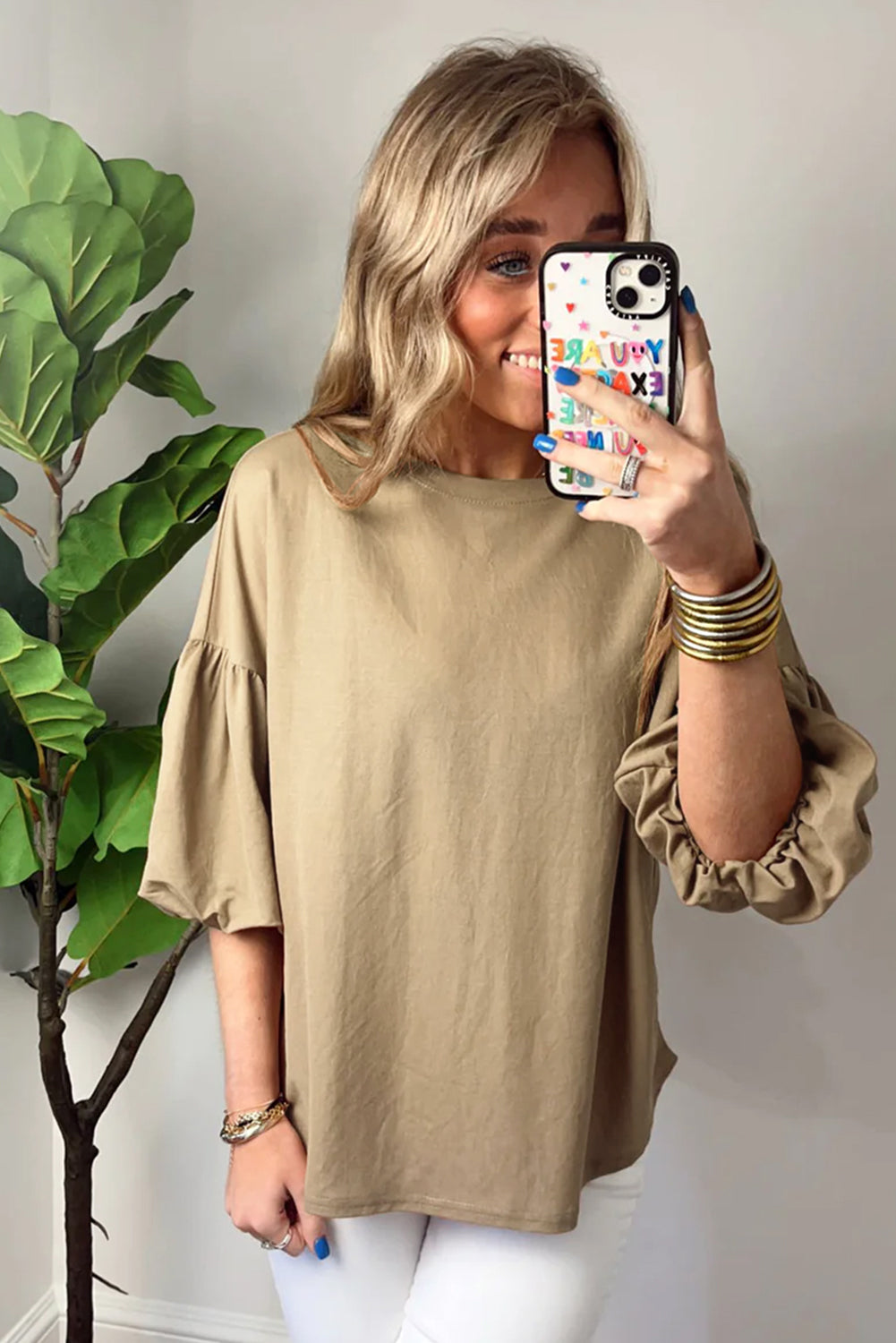 Solid Colour Lantern Sleeve Drop Shoulder Blouse | Light French Beige