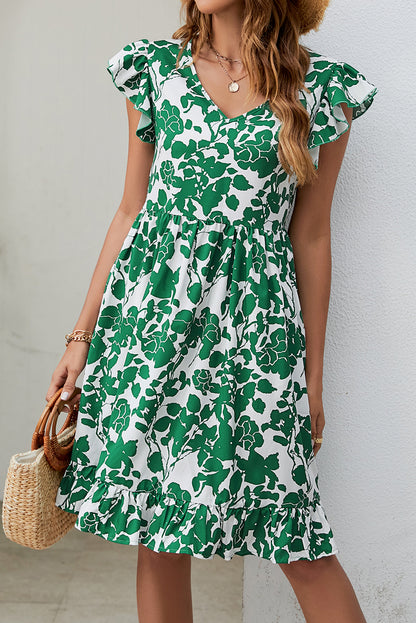 Leaf Print V Neck Flutter Sleeve Dress | Dark Green