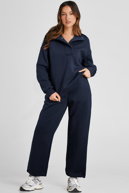 Solid Colour Collared Sweatshirt and High Waist Pants Set | Navy Blue