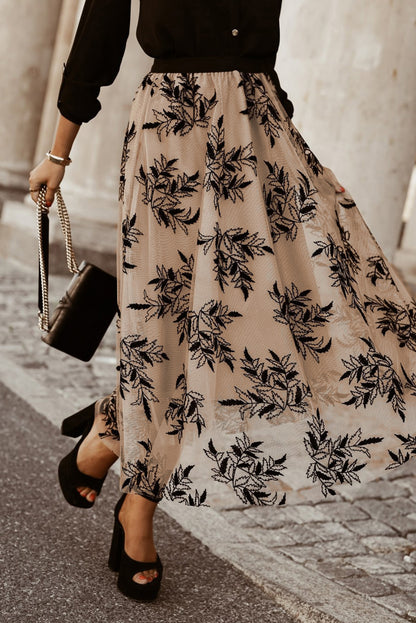 Floral Leaves Embroidered High Waist Maxi Skirt | Apricot