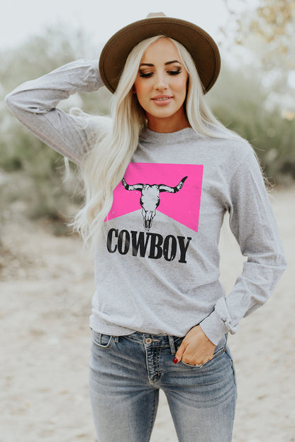 Cowboy Steer Skull Graphic Long Sleeve Top | Gray