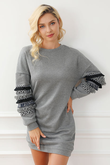 Printed Fringed Ruffled Accent Sweatshirt Dress | Dark Grey