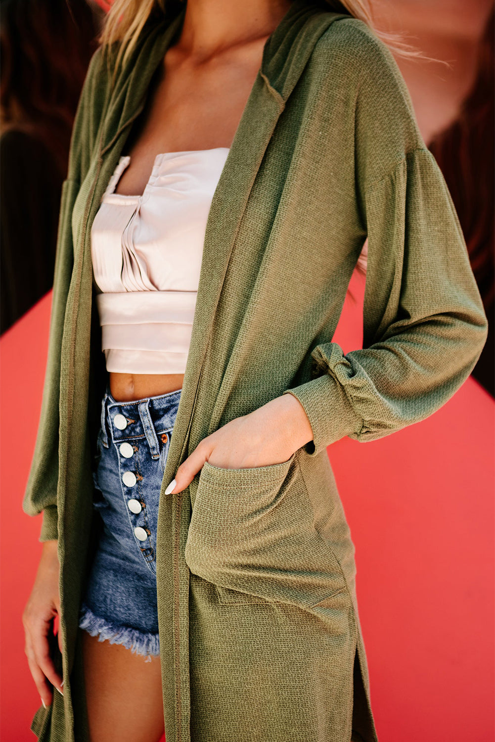 Hooded Side Split Open Kimono With Pocket | Guacamole Green