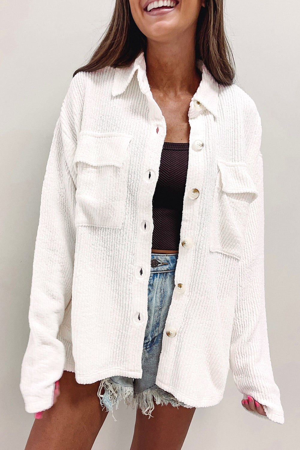 Solid Colour Corduroy Buttoned Long Sleeve Jacket | White