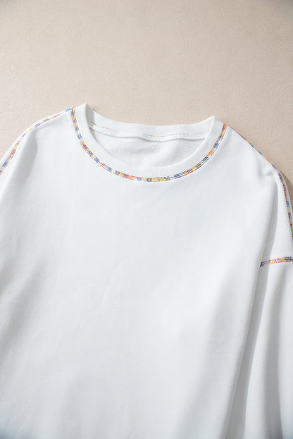 Contrast Rainbow Trim Drop Shoulder Pullover Sweatshirt | White