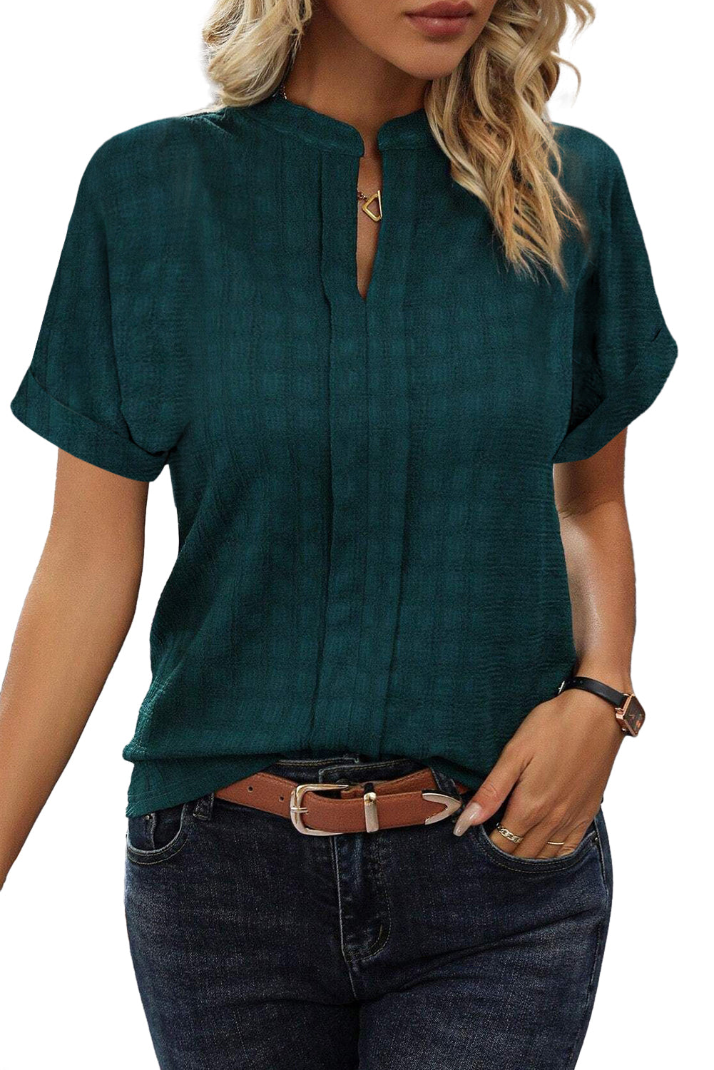 Solid Textured Split Neck Short Sleeve Blouse | Sea Green