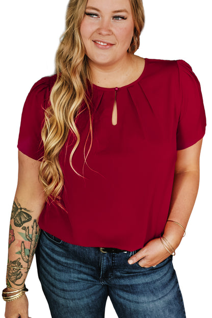 Keyhole Pleated Crew Neck Plus Size T Shirt | Red Dahlia