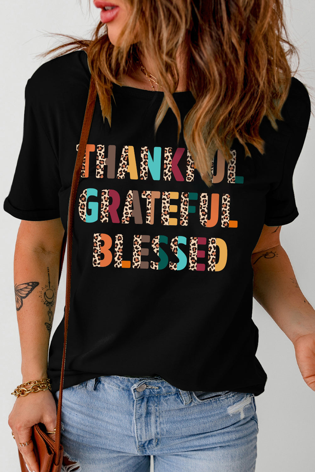 Thankful Grateful Blessed Leopard Print Crewneck T Shirt | Black