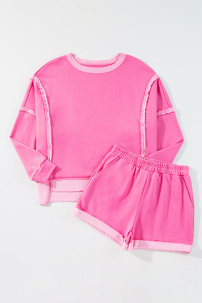 High Low Patchwork Long Sleeve Top And Shorts Set | Sachet Pink