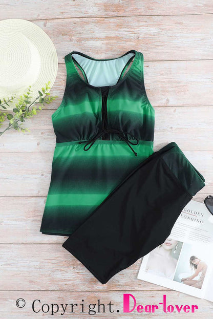 Black Ombre Print Racerback Tankini Swimsuit | Green