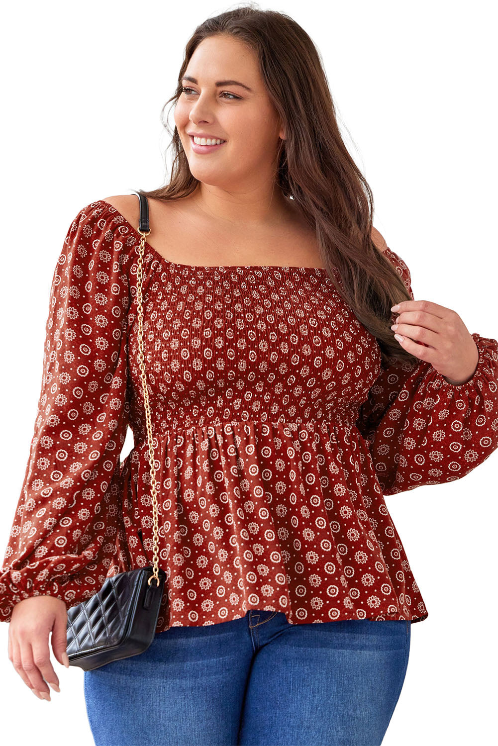 Fiery  Plus Size Square Neck Printed Peplum Top | Red