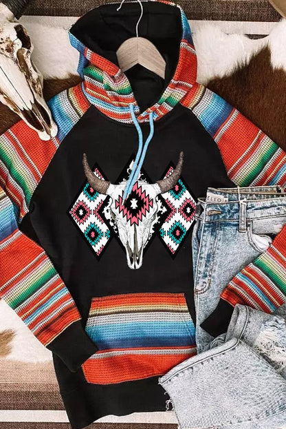 Western Steer Head Aztec Serape Patchwork Pocketed Hoodie | Multicolour