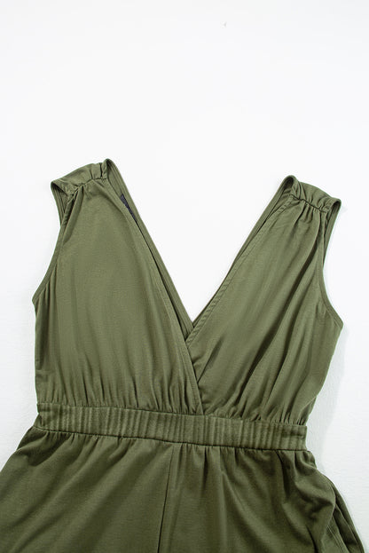 Deep V Pleated Crisscross Wide Leg Backless Jumpsuit | Jungle Green