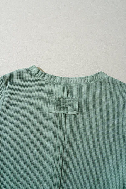 Acid Wash Waffle Knit Buttoned Neckline Long Sleeve Top | Smoke Green