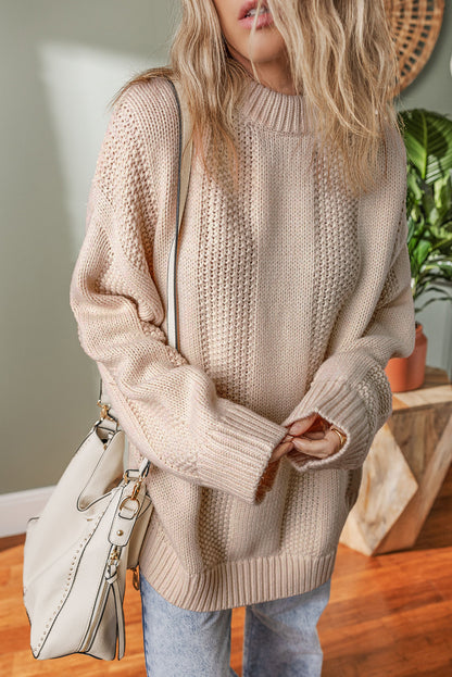 Solid Colour Cable Knit Ribbed Loose Sweater | Pale Khaki