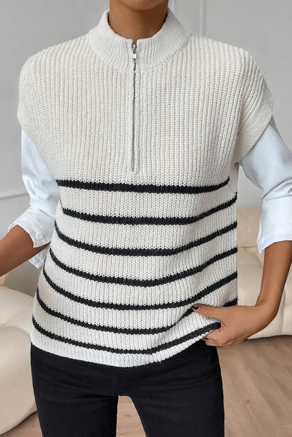 Half Zip Split Stand Neck Sweater T-Shirt | White Stripe