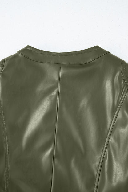 Solid Faux Leather Zipper Slim Fit Bomber Jacket | Sage Green