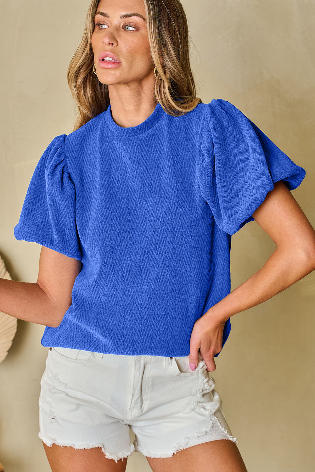 Solid Textured Puff Sleeve Mock Neck Blouse | Sky Blue