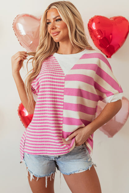 Patchwork Textured Short Sleeve High Low Loose Top | Pink Stripe