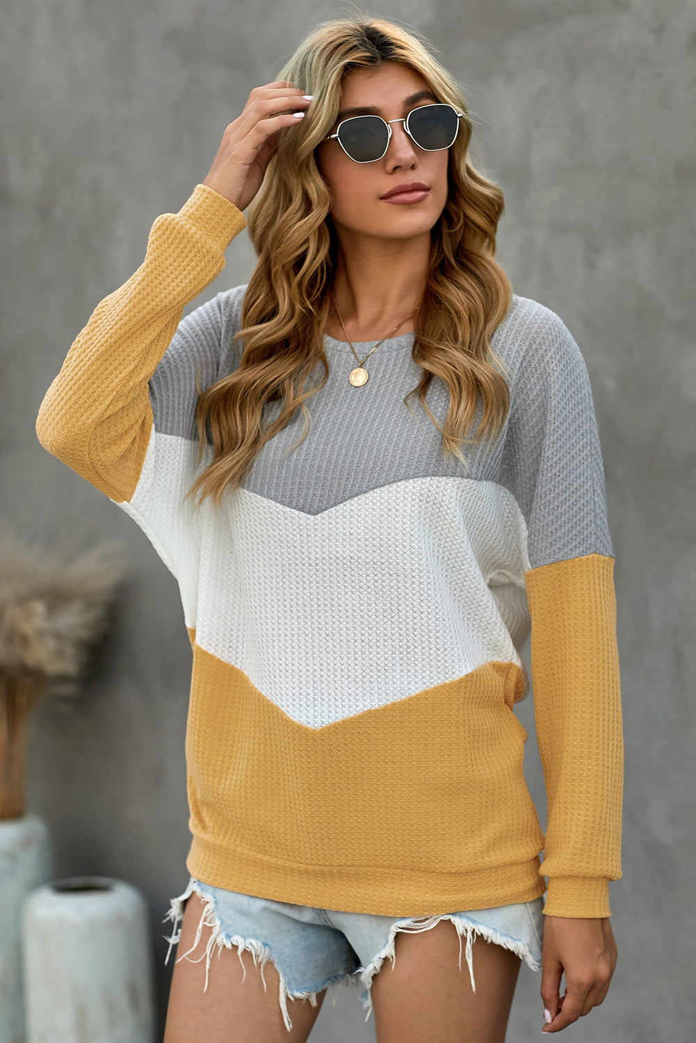 Chevron Waffle Colourblock Pullover Sweatshirt | Yellow