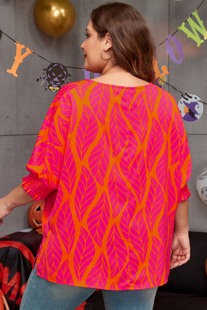 Leafy Printed Smocked Lantern Sleeve Plus Size Blouse | Rose