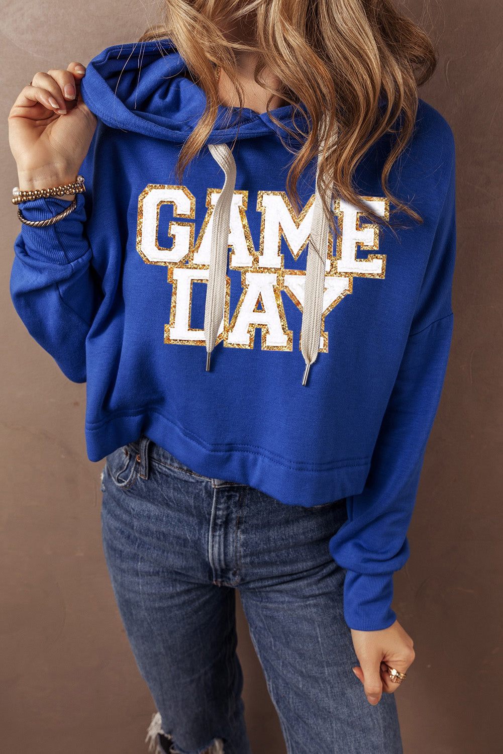 Glittering Game Day Patched Cropped Drawstring Hoodie | Dark Blue