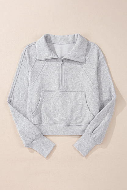 Quarter Zip Stand Neck Kangaroo Pocket Sweatshirt | Light Grey